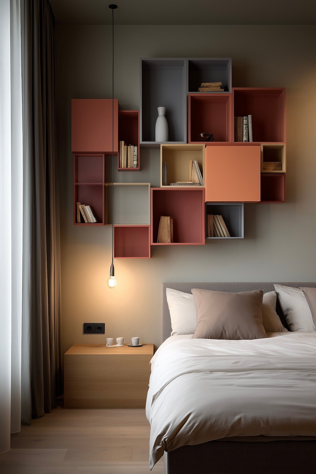 idée tête de lit suspendue rangement caisse bois peinte