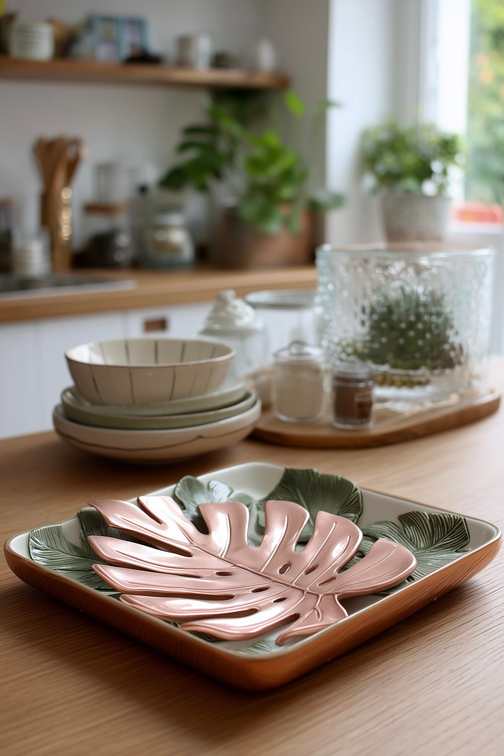 plateau déco nature diy feuille monstera rose