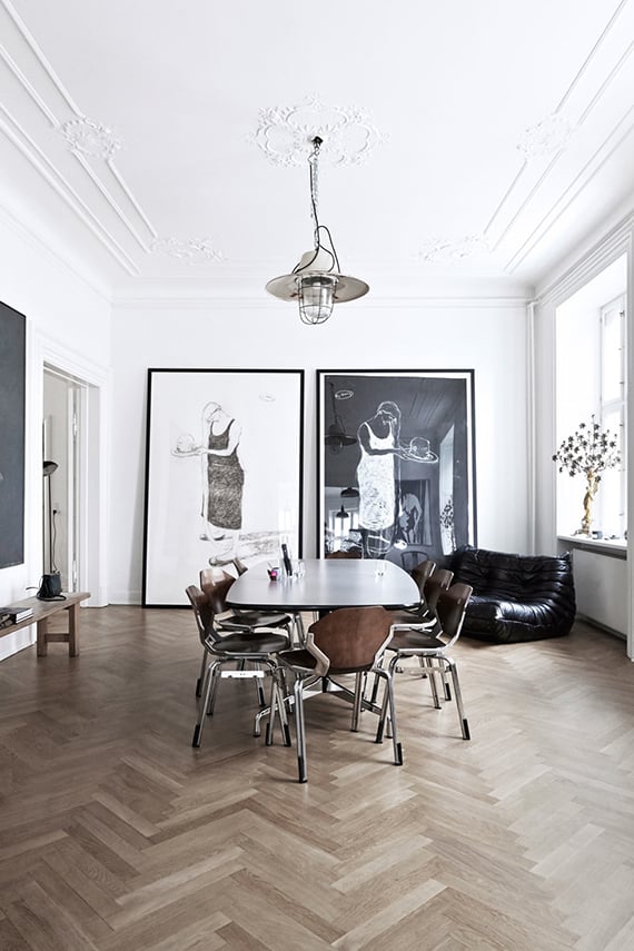 Salle à manger parquet ancien pointe de Hongrie Domotex 2017