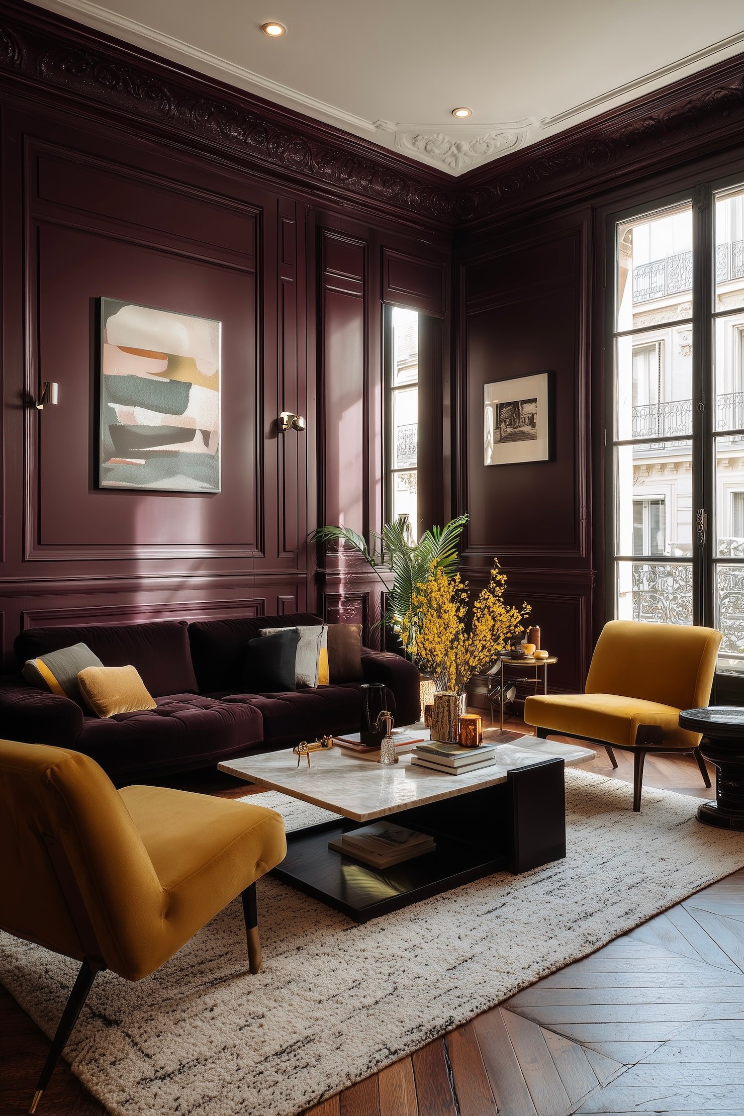 peinture murale bordeaux foncé salon velours