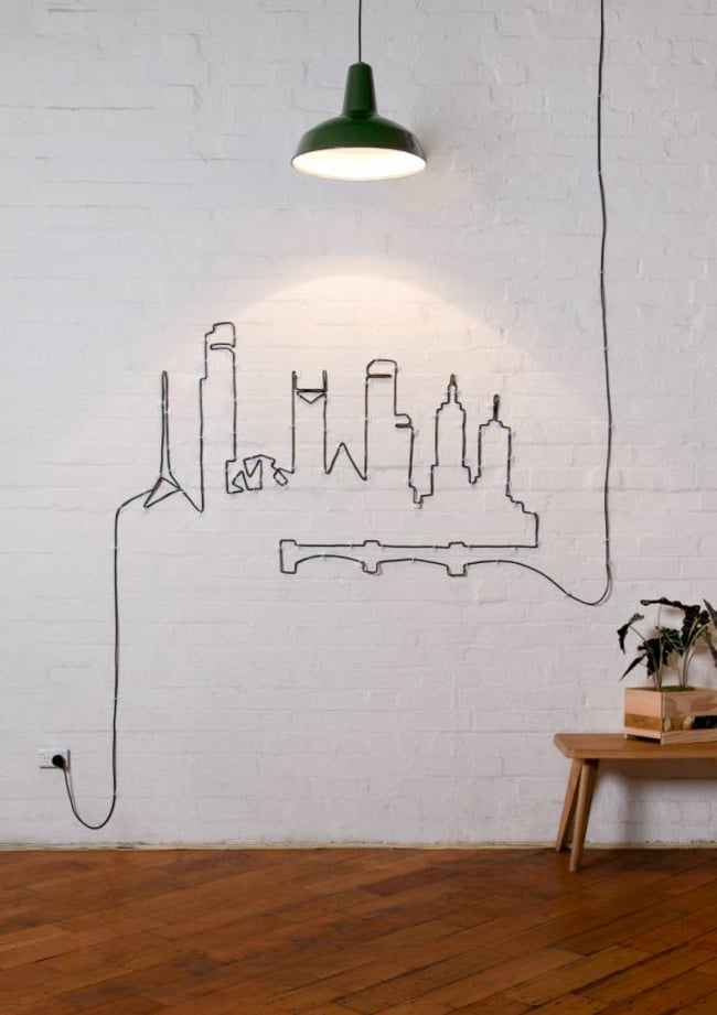 dessin immeuble au mur avec cable electrique diy deco