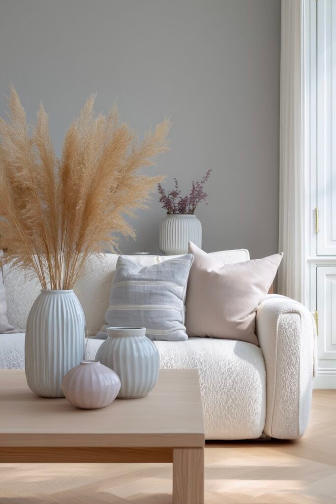 canapé clair vases céramique teintes poudre