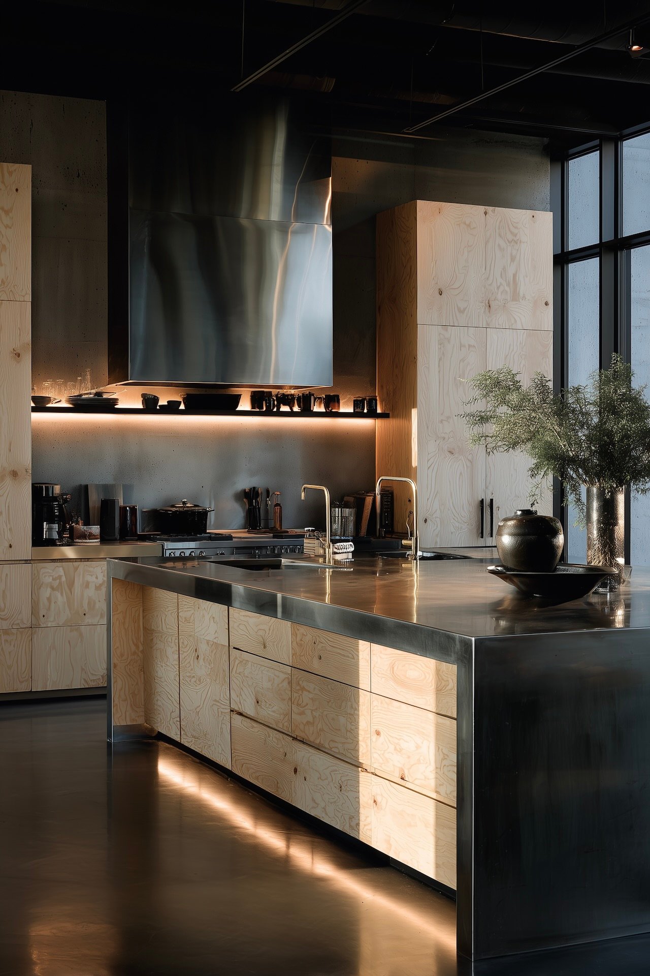 Cuisine contemporaine avec meubles en contreplaqué clair et grand îlot en inox, ambiance atelier haut de gamme