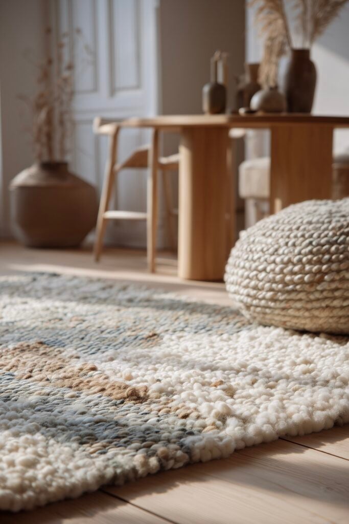 tapis texture laine mobilier bois ambiance douce