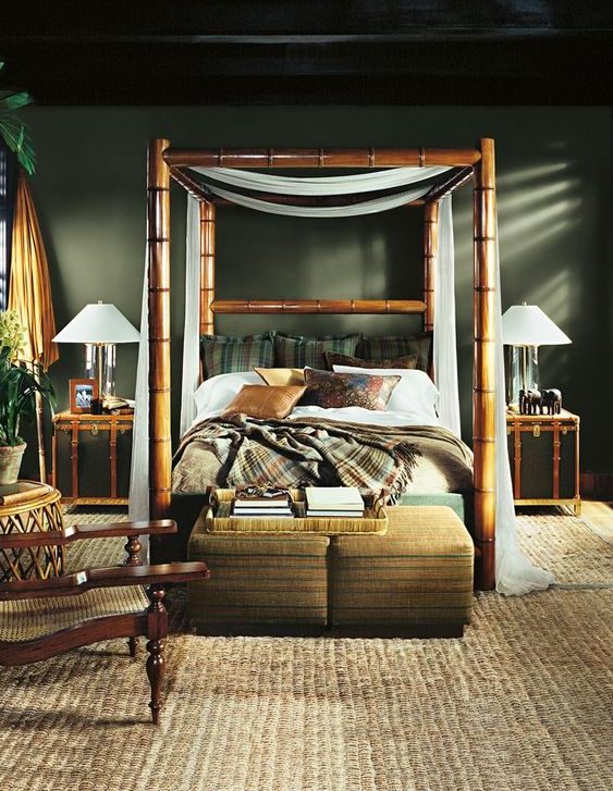 chambre tropicale refuge lit bois plantes vert foncé