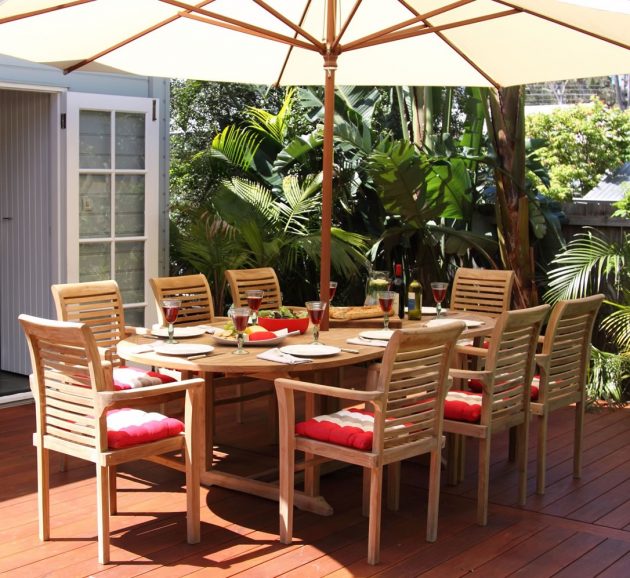 table teck entretien dejeuner soleil parasol rouge