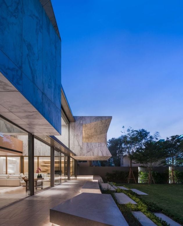 jardin et terrasse de la maison en marbre tendance marbre