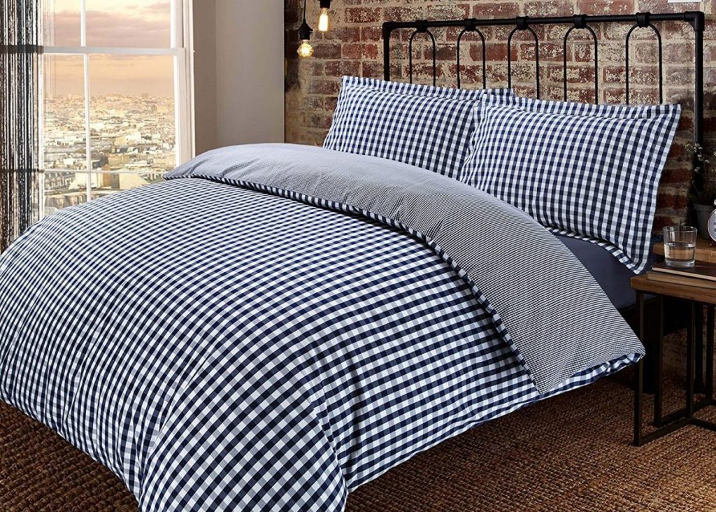 housse de couette deco vichy bleue et blanche lit adulte