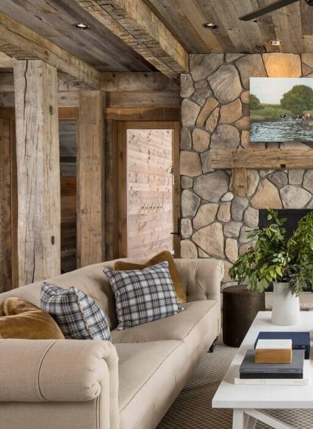 intérieur bois salon pierres apparentes