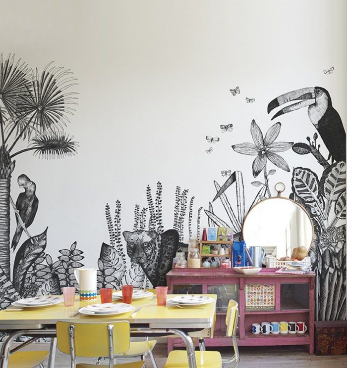 papier peint déco toucan coin bureau archi scandinave