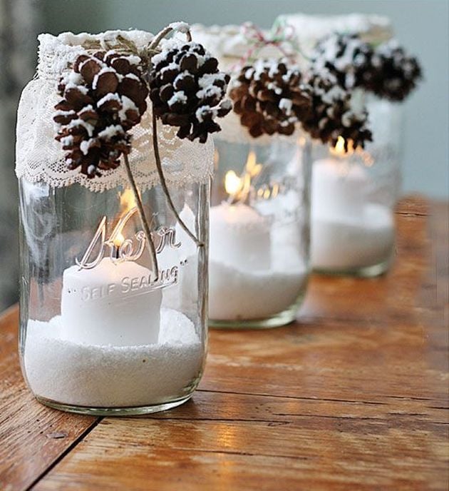 mariage theme hiver photophore diy pomme de pin