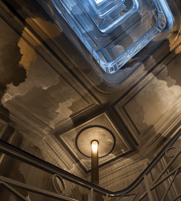 escalier trompe l'oeil papier peint nuage tempête ciel