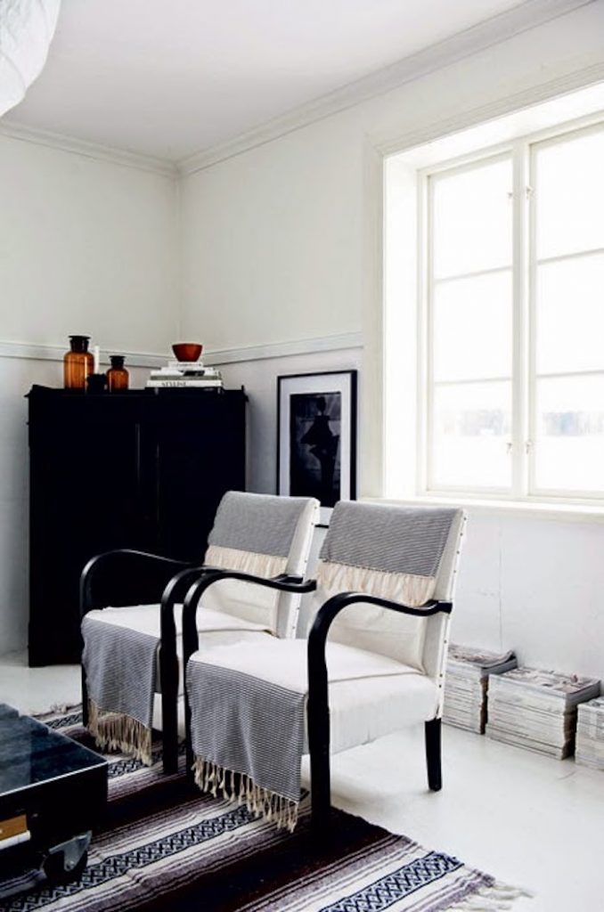 salon maison noir et blanc fauteuils de sejour avec plaids