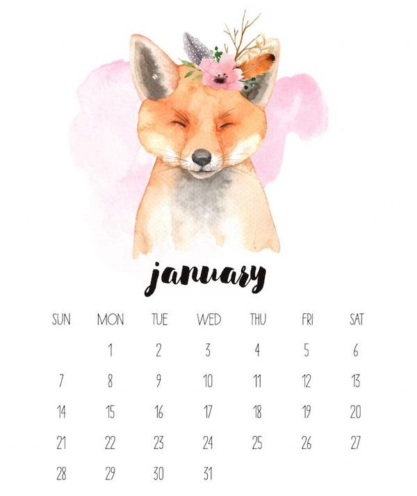 calendrier 2018 original aquarelle renard janvier couleurs pastels
