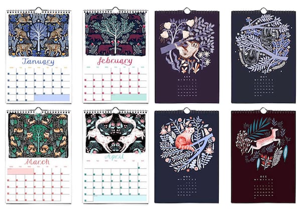 calendrier 2018 original mois couleurs tons violet prune mauve et un peu orange avec du bleu et du rose et quelques touches de vert 