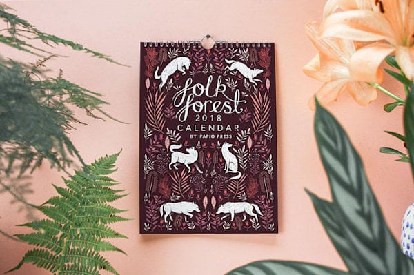 calendrier 2018 original dans les tons rose violet mauvre prune et un peu orange foret folk prune couleurs sombre