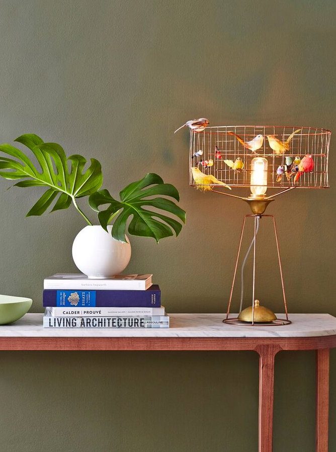 lampe voliere made in france monstera mur vert kaki console scandinave 50s