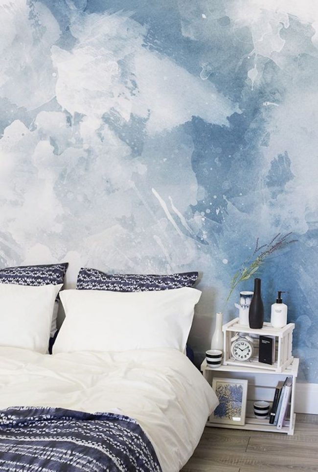 papier peint bleu aquarelle art trompe l oeil nuage