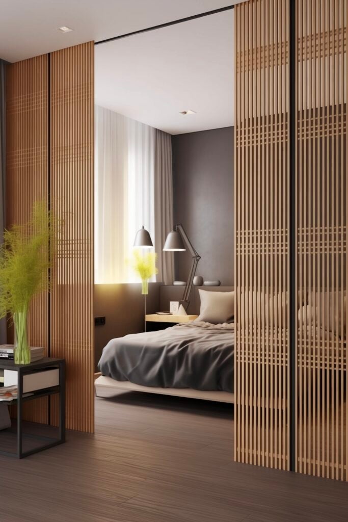 chambre japonisante panneaux tasseaux bois mural