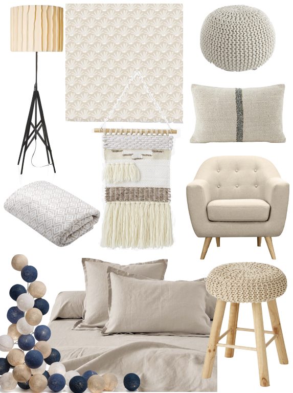 deco couleur lin fauteuil lampe tabouret pouf tricot beige