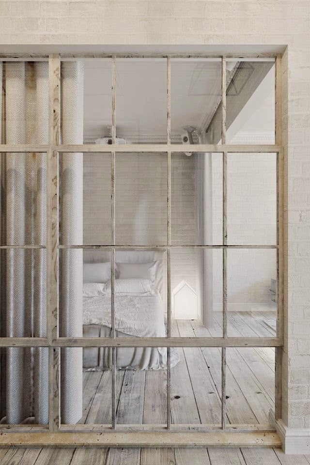 chambre couleur lin bois vieilli verriere parquet gris