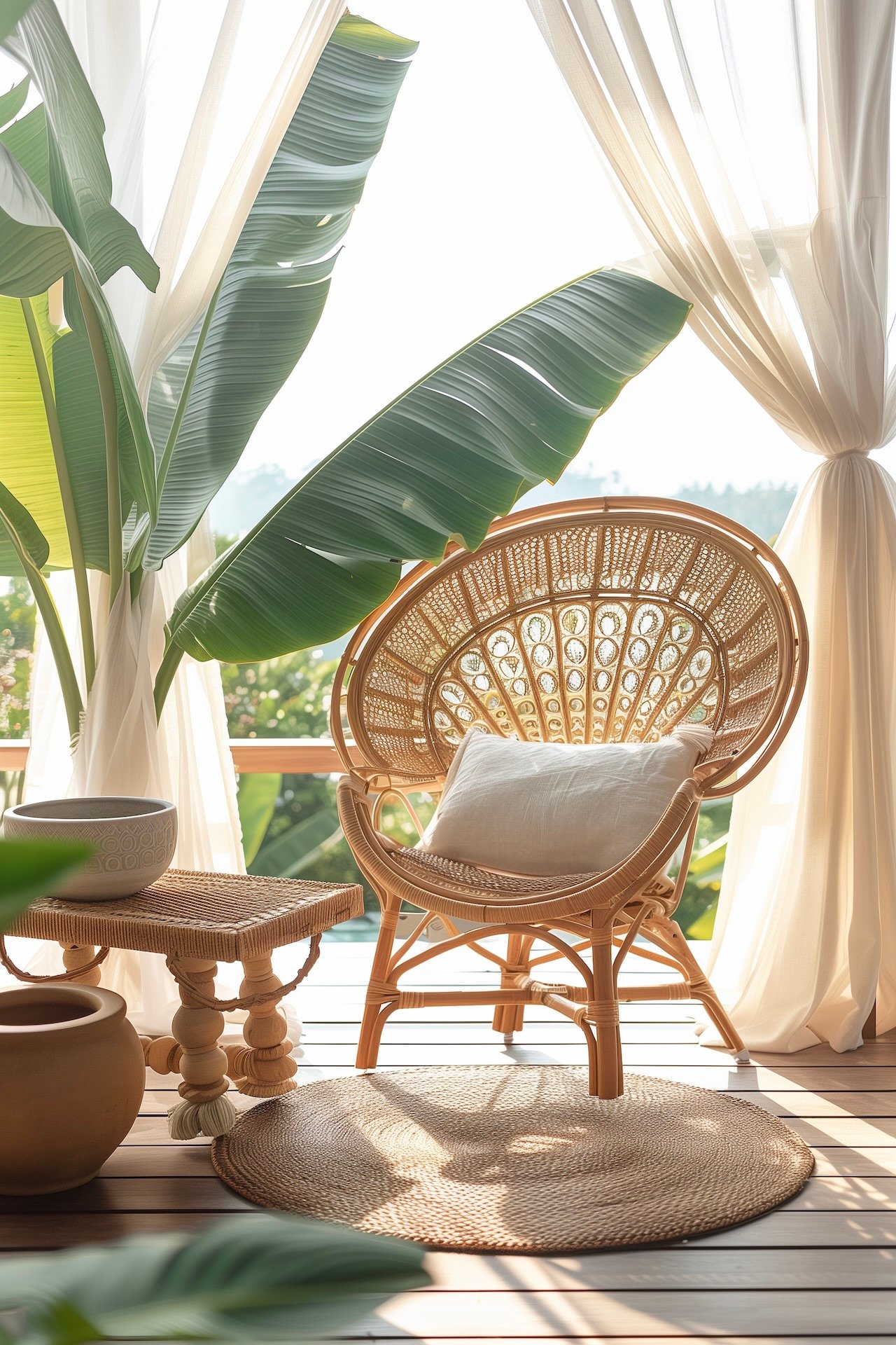 aménagement terrasse ambiance zen palmier fauteuil Emmanuelle