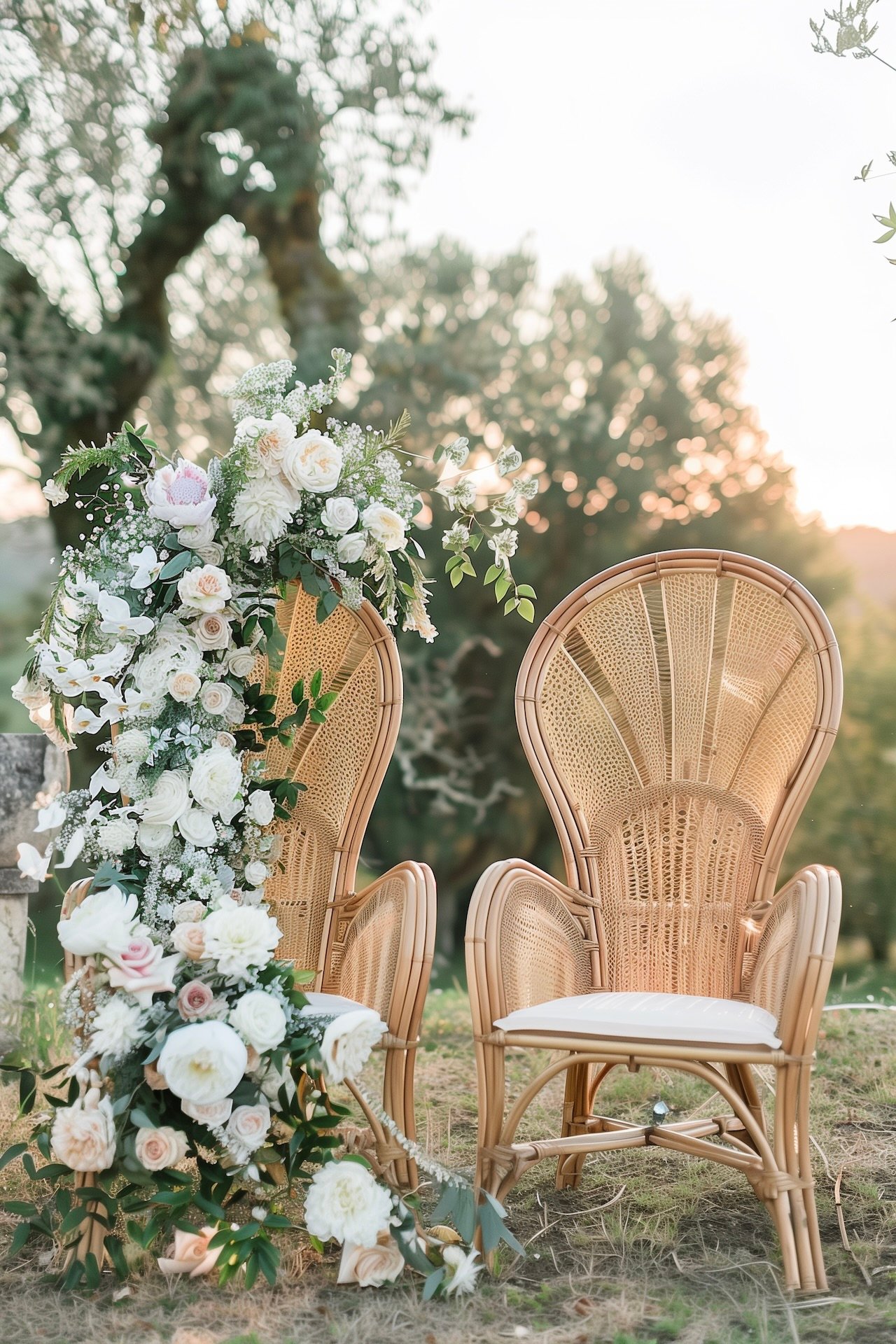 mariage bohème fauteuil géant rotin osier couronne roses blanches