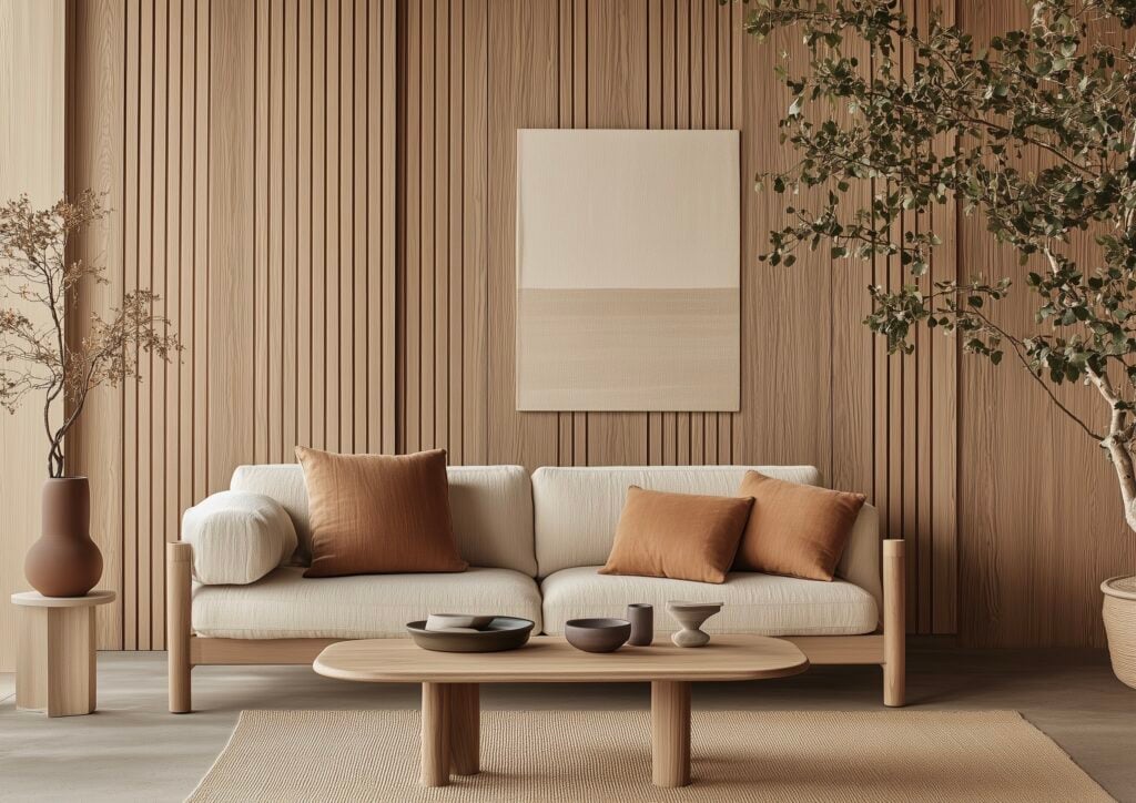 Salon minimaliste mur en bois canapé beige - blog déco