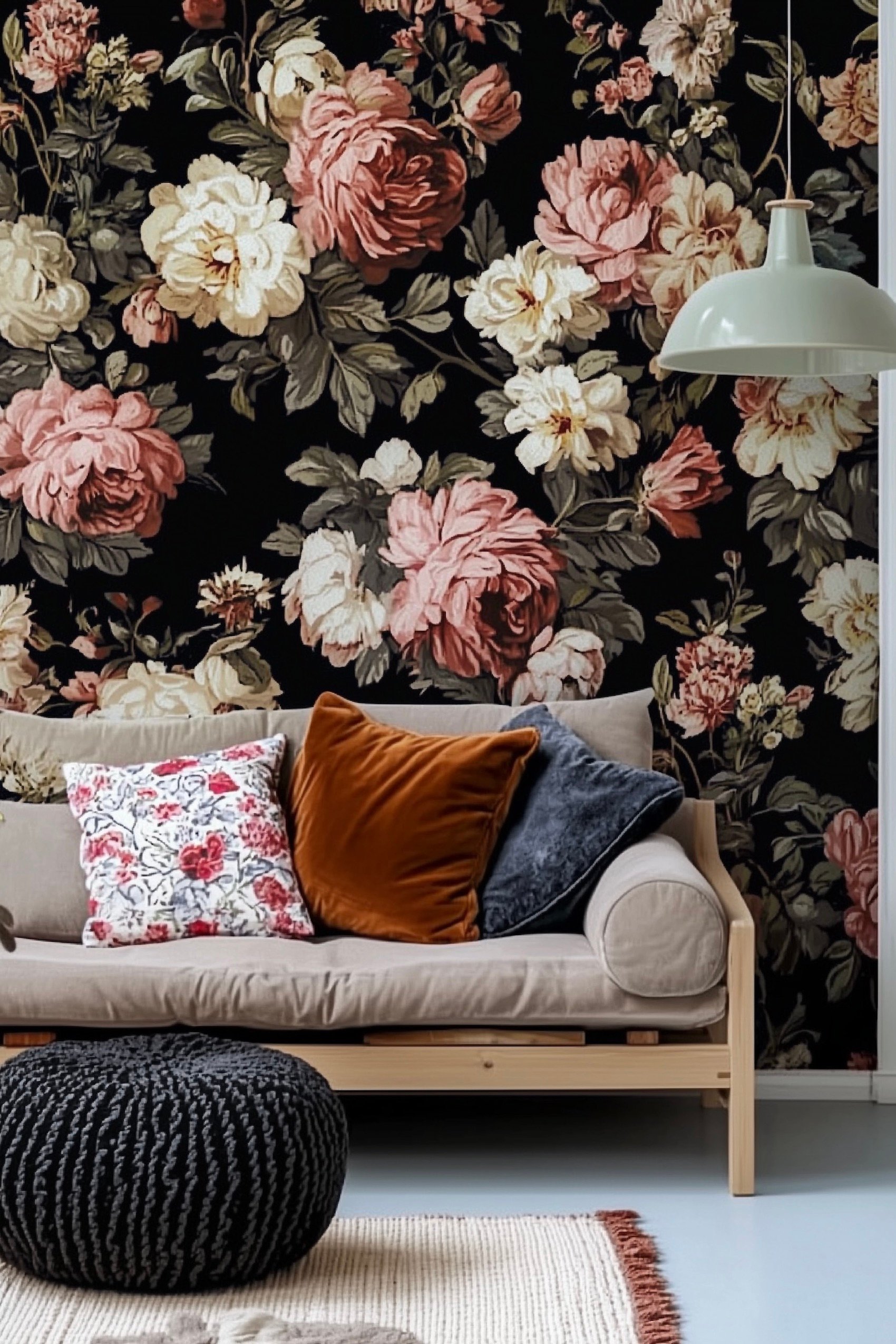 salon scandinave papier peint grandes fleurs pivoines