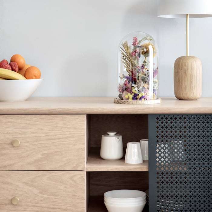 collection gabin cannage gris ardoise noir fleurs sechees lampe fruits tasses