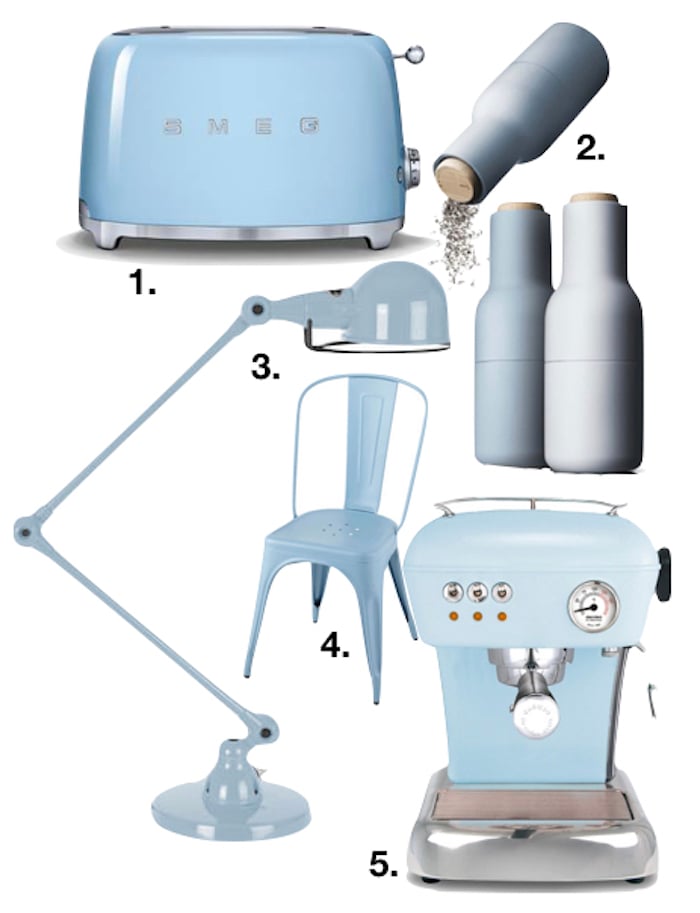 bleu glacier cuisine grille pain lampe chaise sel poivre cafe