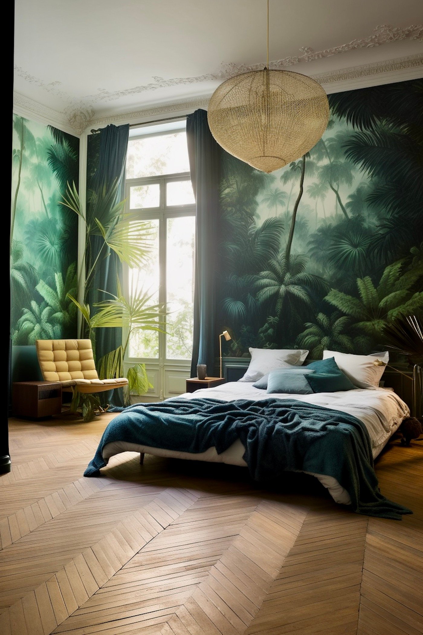 chambre parisienne papier peint jungle parquet point de Hongrie
