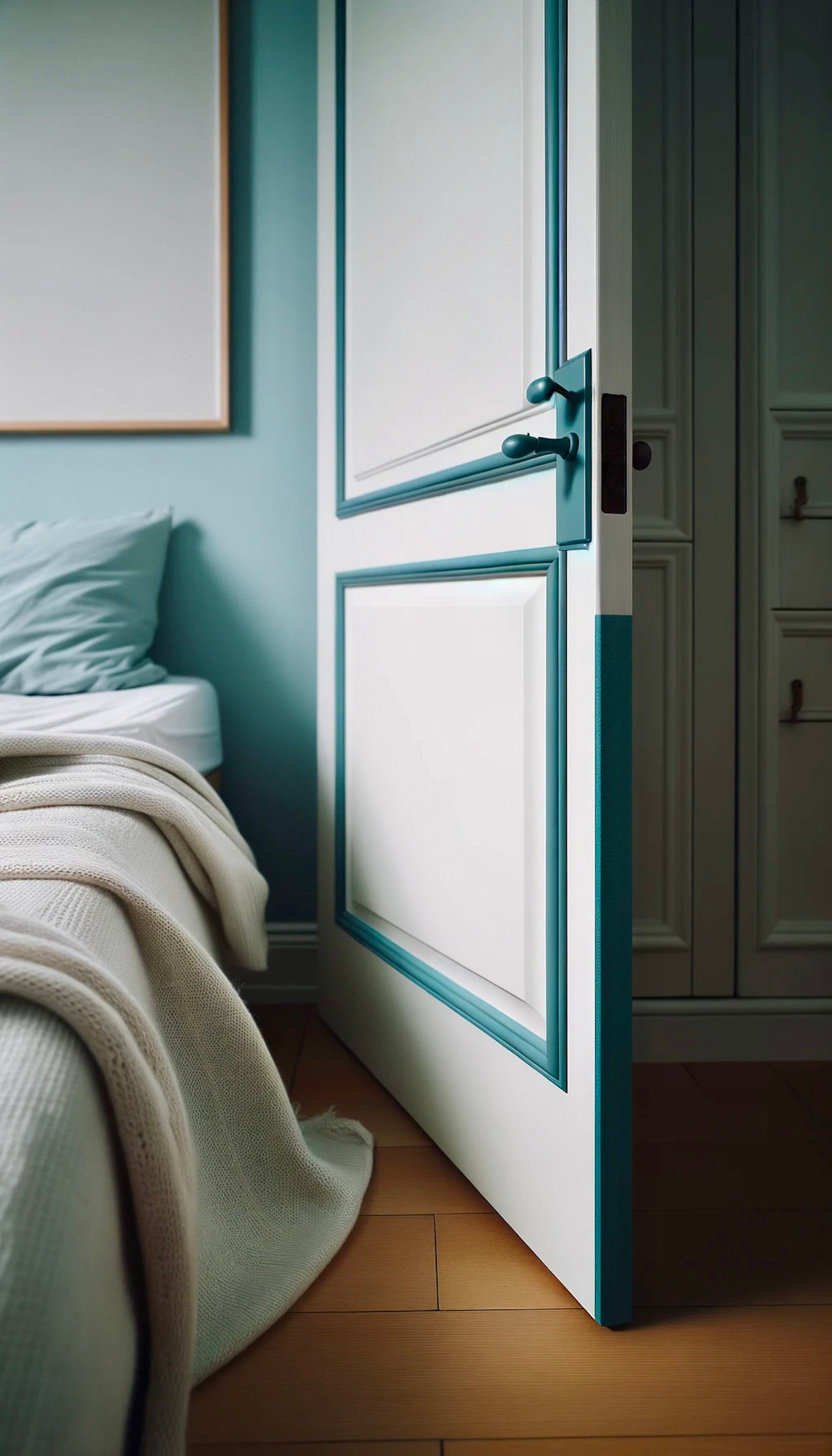 décorer une porte moulures et tranche colorées bleu canard