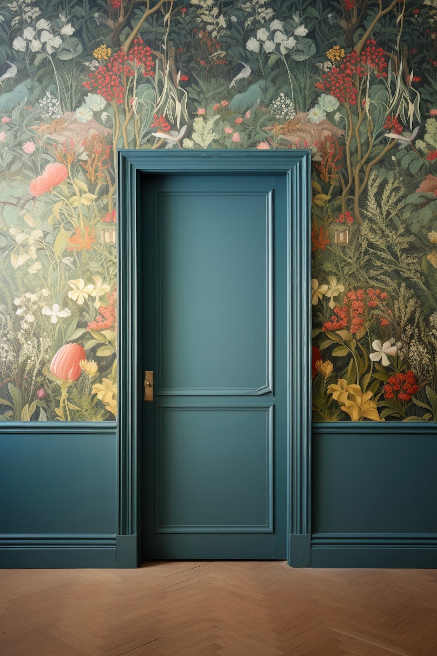 mur porte mélange peinture papier-peint soubassement bleu liberty