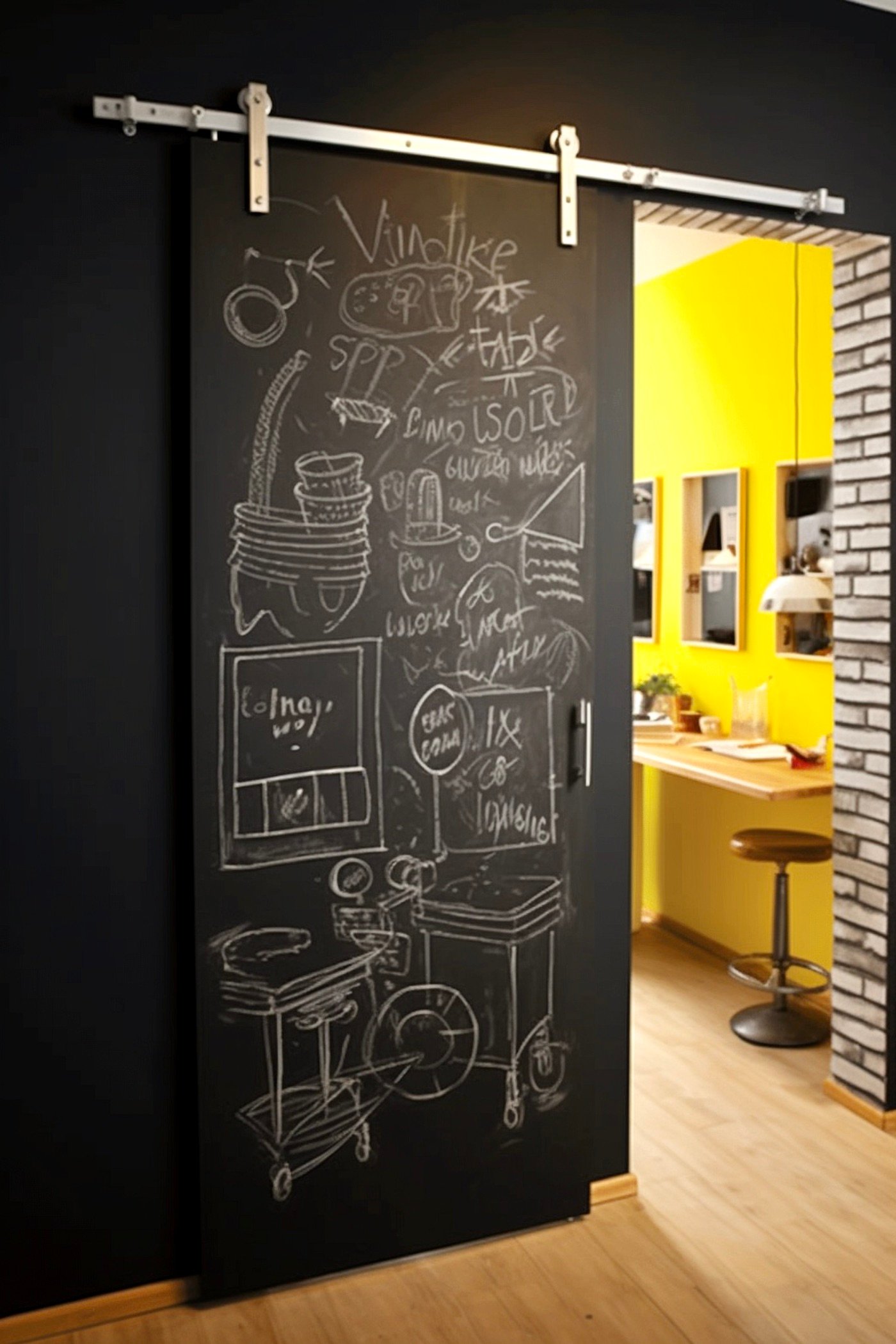 porte tableau noir ardoise craie galandages cuisine loft jaune