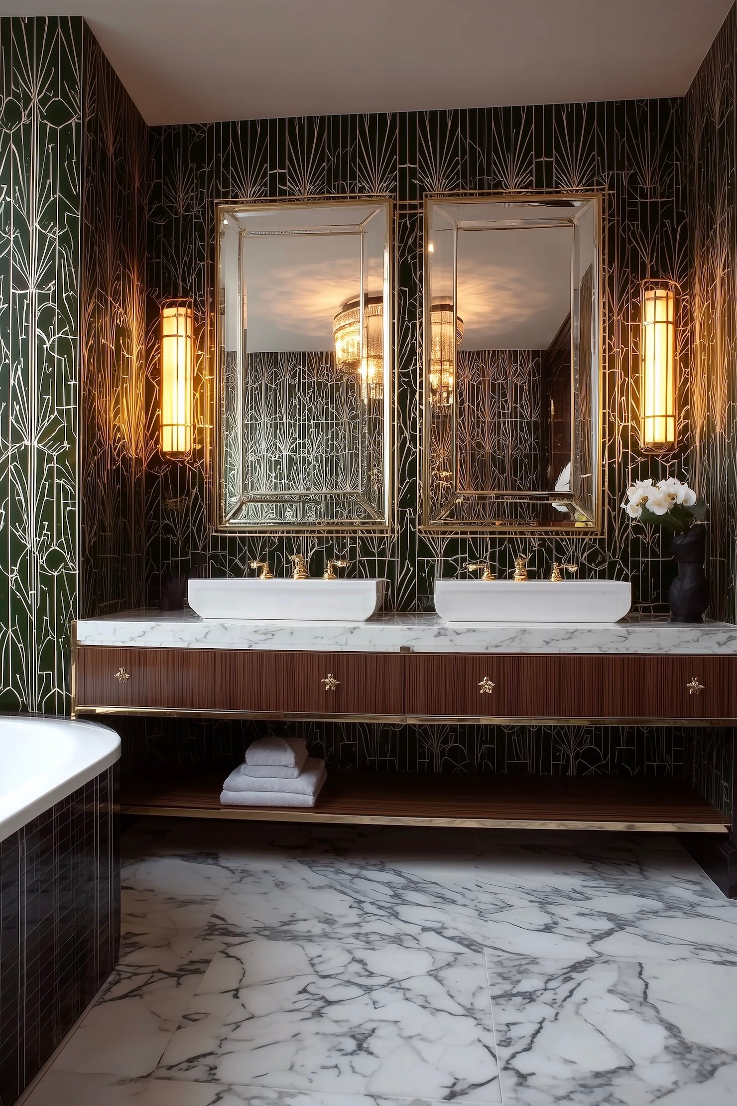 salle de bain sol marbre meuble bois foncé noyer