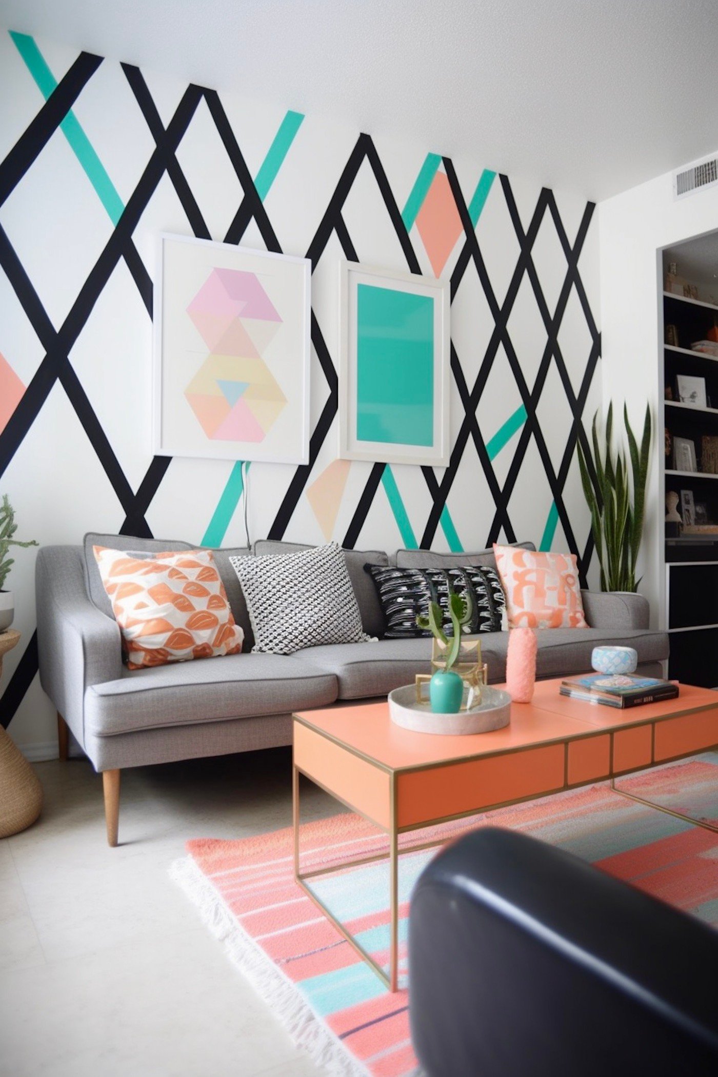 créer motif mural géométrique avec bande adhésive noire