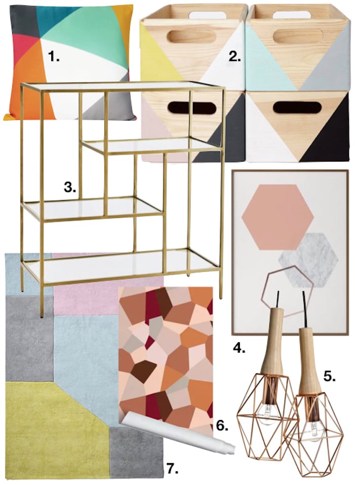 deco graphic décoration tapis coussin étagère boite affiche vert rose jaune