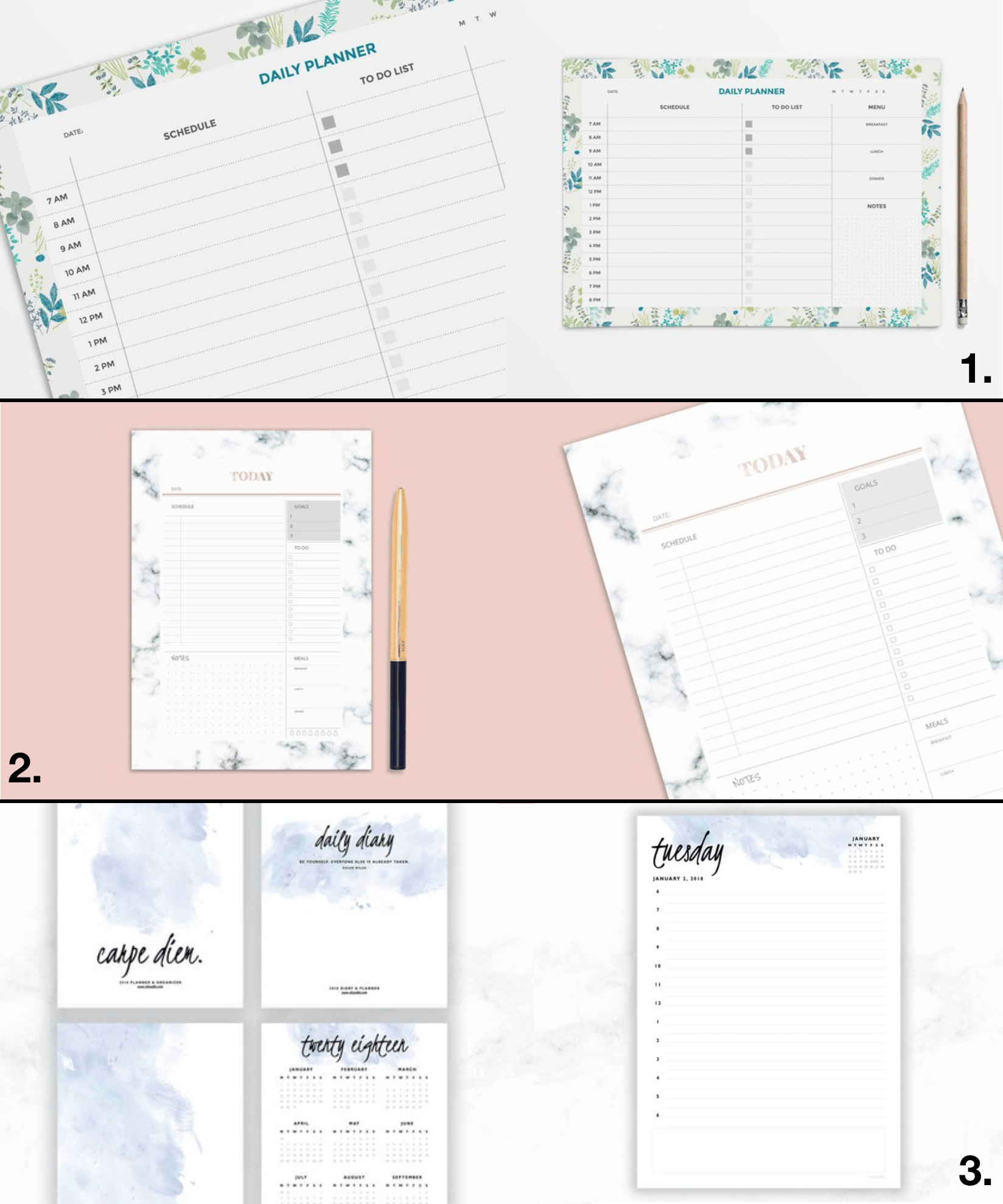 planner à imprimer floral vert daily bullet journal imprimable marbre rose gold aquarelle bleu