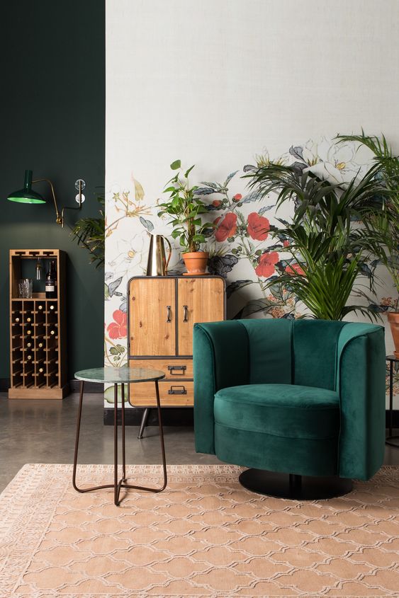 fauteuil en velours nuance de vert pivotant fleur salon cosy hygge blog déco clem around the corner