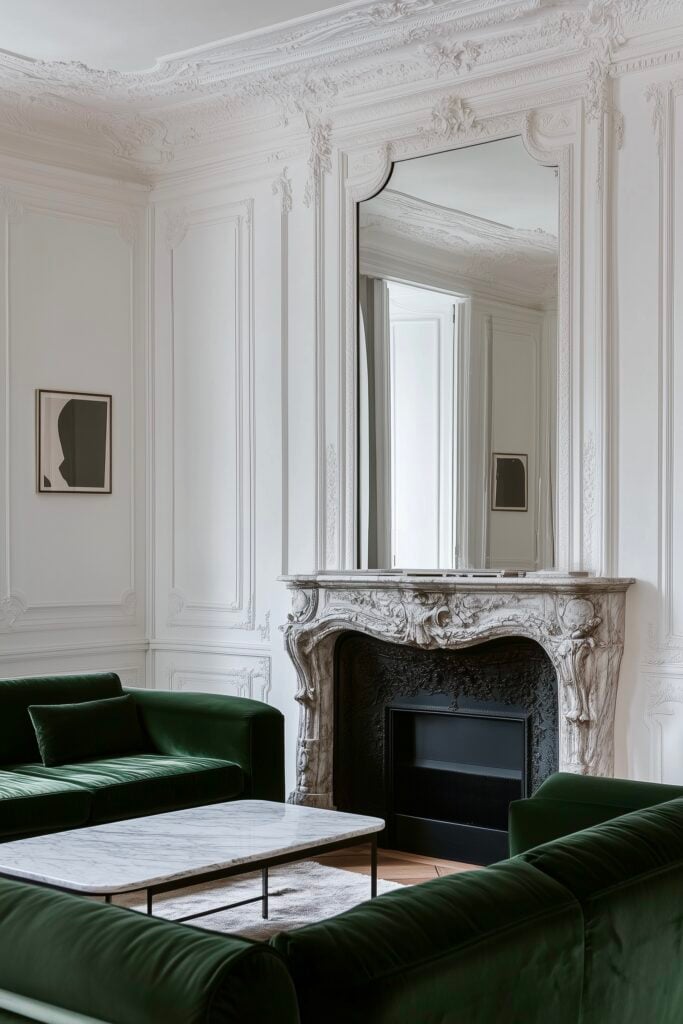 salon parisien canapé vert kaki olive velours