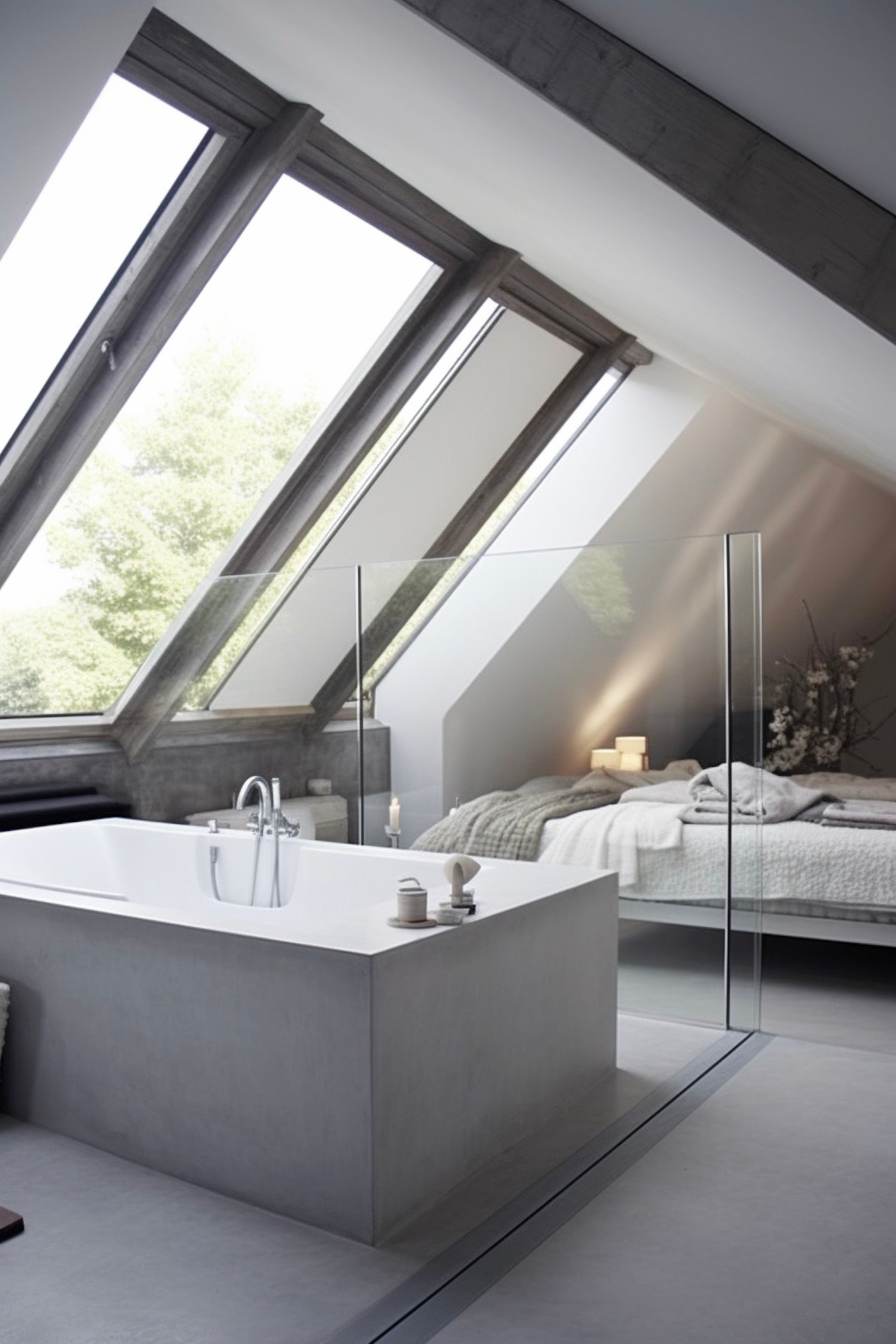 chambre ami sous les combles grenier baignoire béton