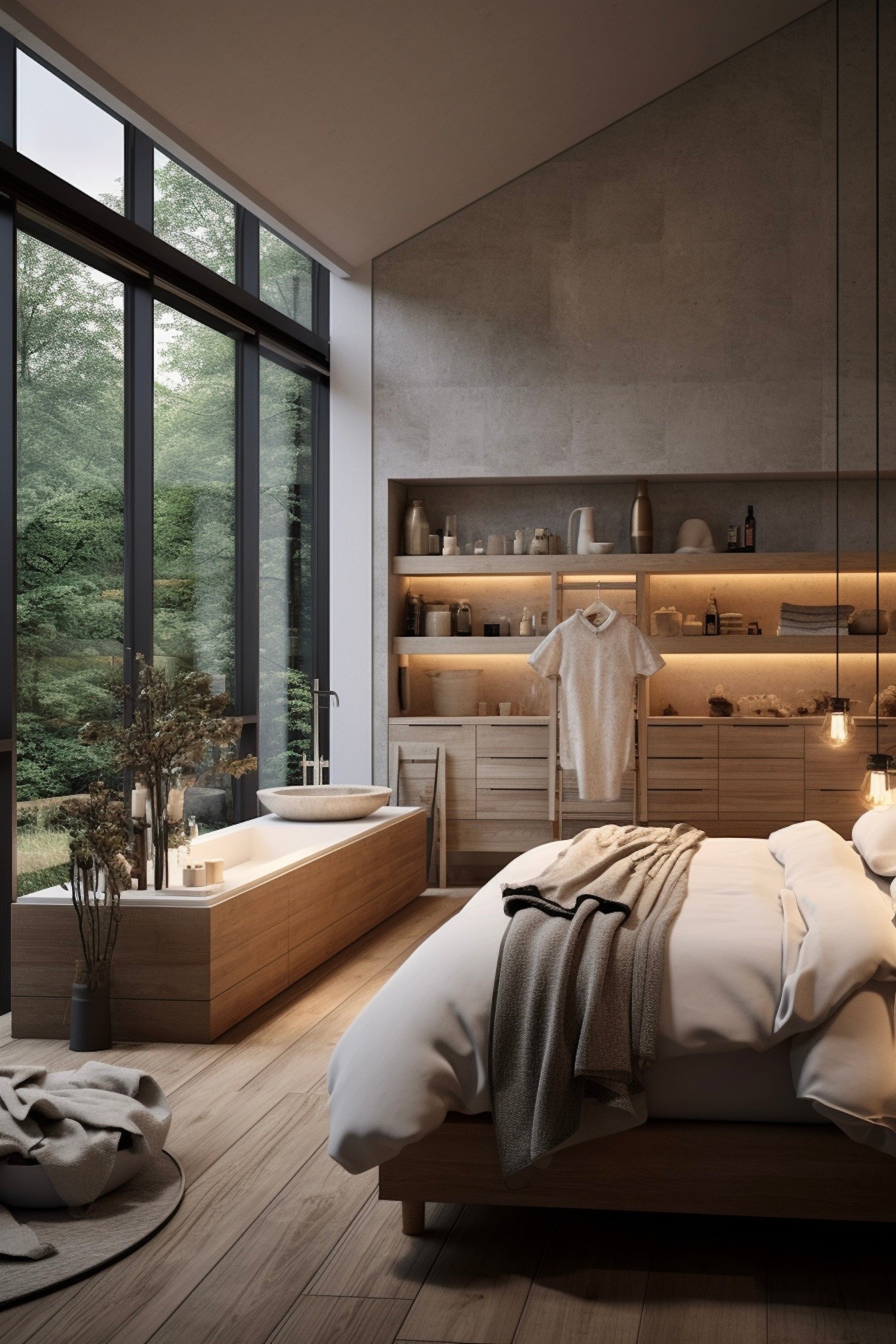 chambre avec baignoire placard semi ouvert bois