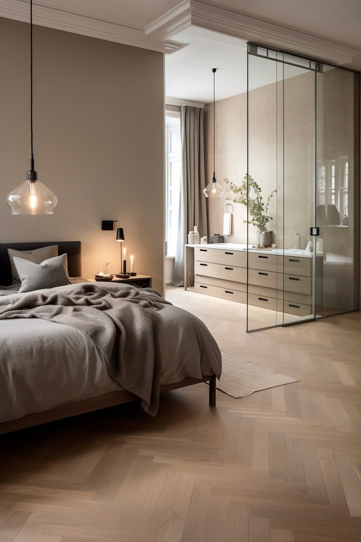 chambre ouverte salle de bains verrière moulures