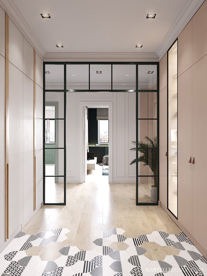 entrée sol carrelage hexagone mix parquet 3 pièces de Saint Pétersbourg - blog déco - Clem Around The Corner