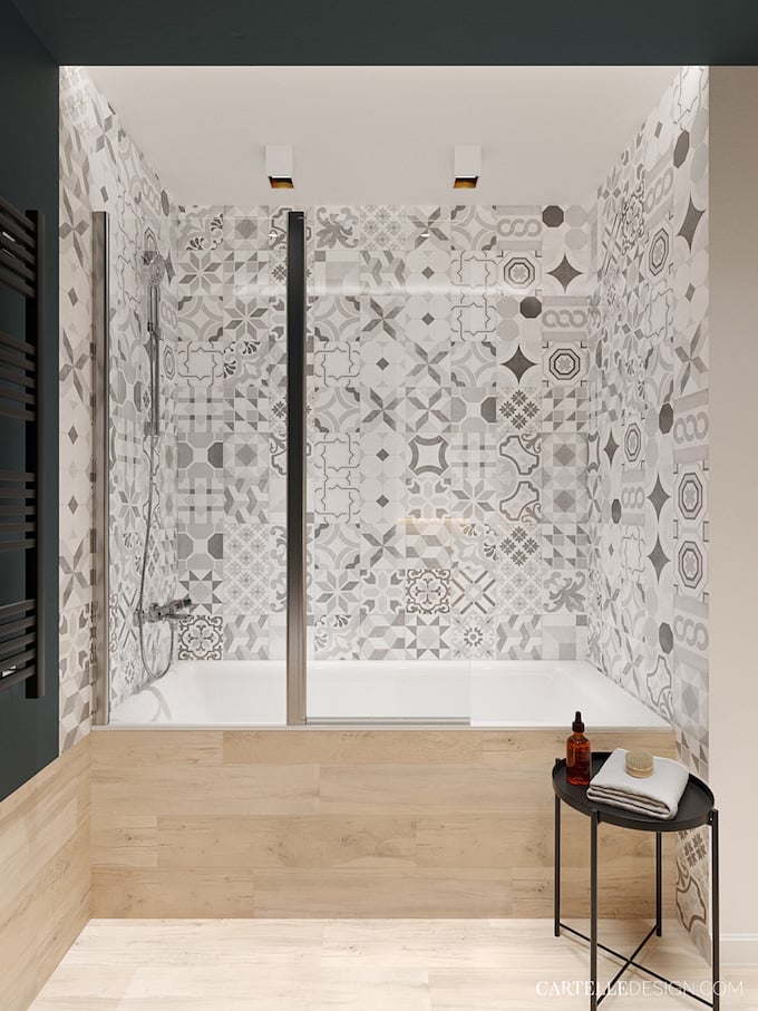 baignoire carreaux de ciment diy coffrage bois peinture murale vert foncé