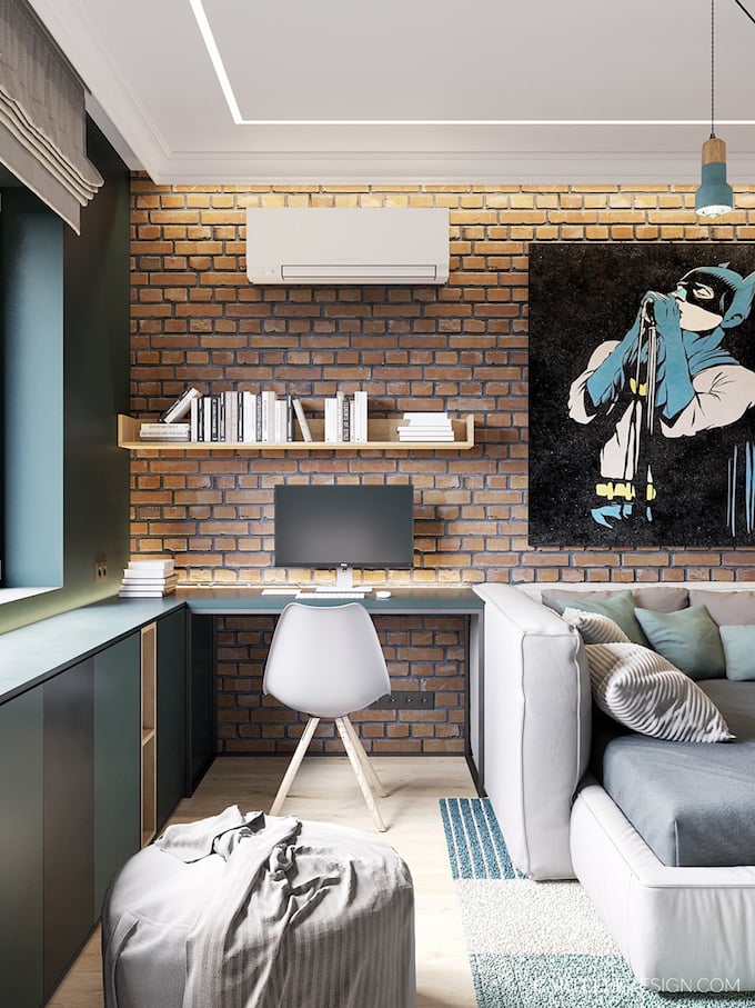 chambre ado verte mur brique 3 pièces de Saint Pétersbourg - blog déco - Clem Around The Corner