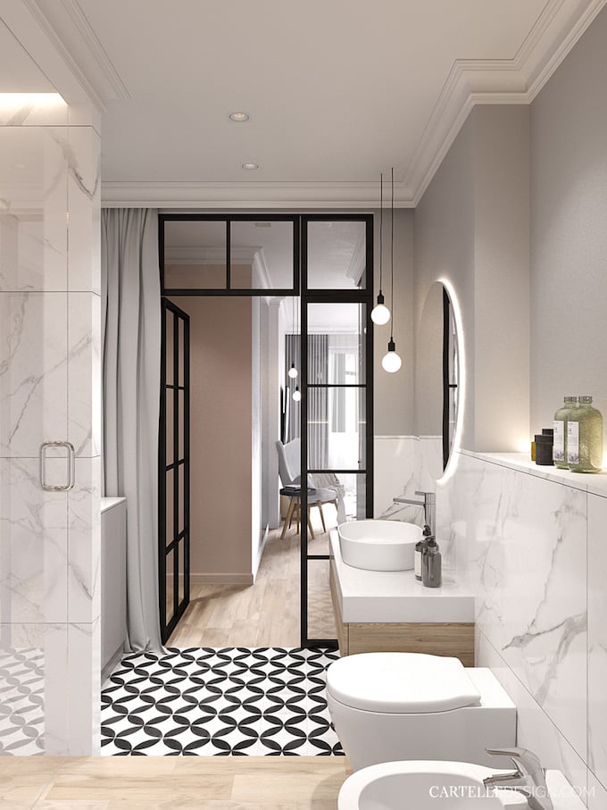 salle de bain verrière suite parentale carrelage damier noir et blanc grès cérame marbre