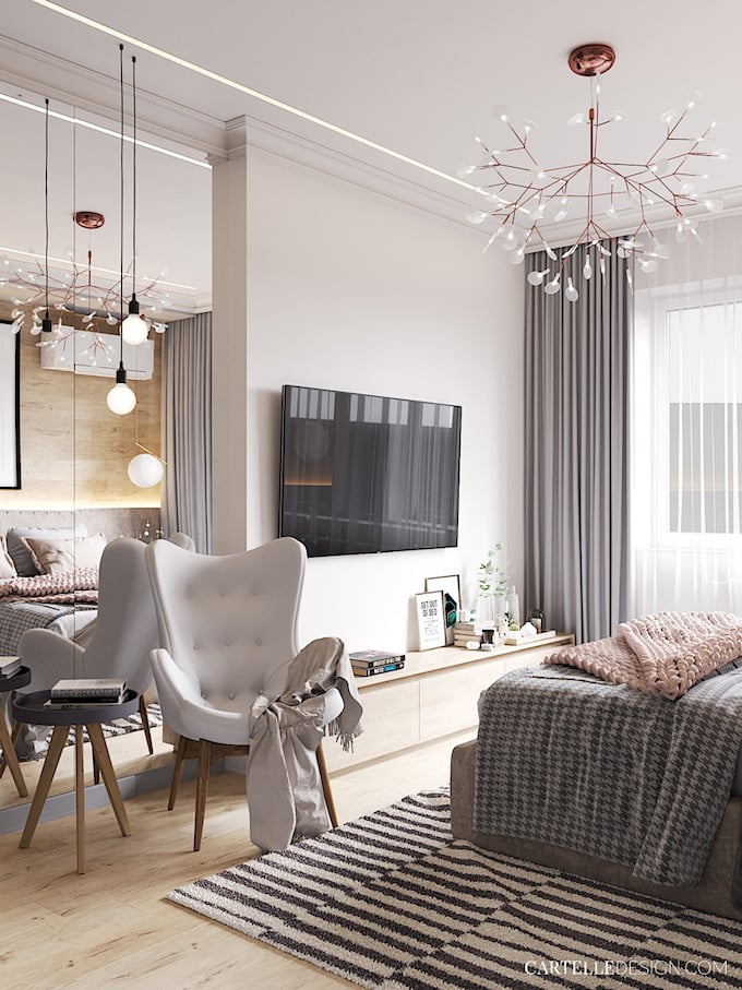 coin lecture chambre grise scandinave 3 pièces de Saint Pétersbourg - blog déco - Clem Around The Corner