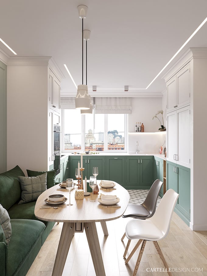 cuisine peinture bicolore soubassement vert blanc 3 pièces de Saint Pétersbourg - blog déco - Clem Around The Corner